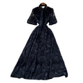 French chic bow-tie lantern sleeve dress - women's fashionable waist-cinching jacquard mesh flowy maxi dress