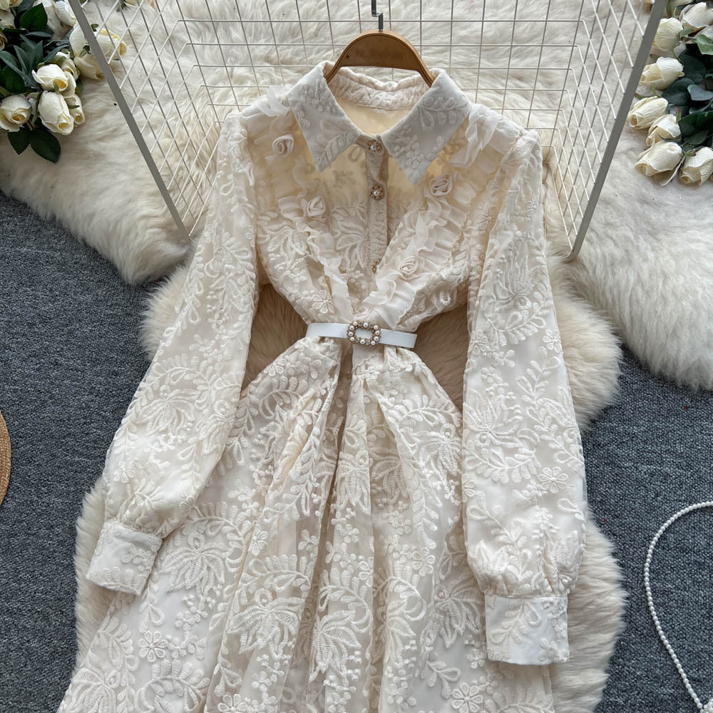French chic elegant high-end embroidered mesh dress - women's autumn tie-waist single-breasted maxi dress