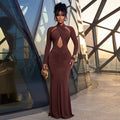 Fashion cross-border elegant banquet women's pure color close-fitting curve hip skirt design sexy chest-wrapped long sleevesdress