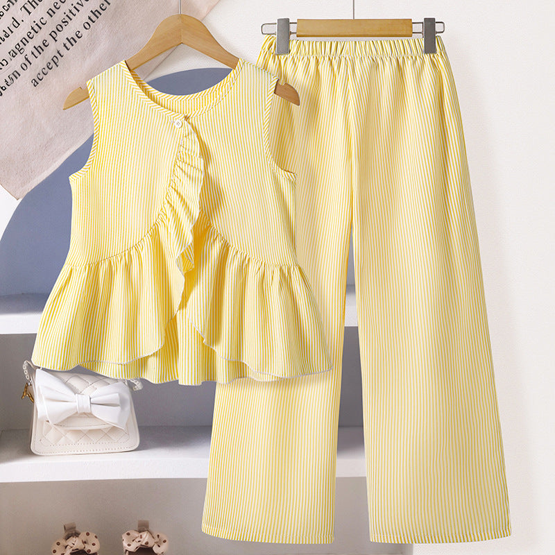 Girls' outfit: foreign trade children's clothing,  summer new fashion striped sleeveless sweet ruffle top and wide-leg pants set