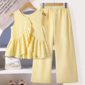 Girls' outfit: foreign trade children's clothing,  summer new fashion striped sleeveless sweet ruffle top and wide-leg pants set