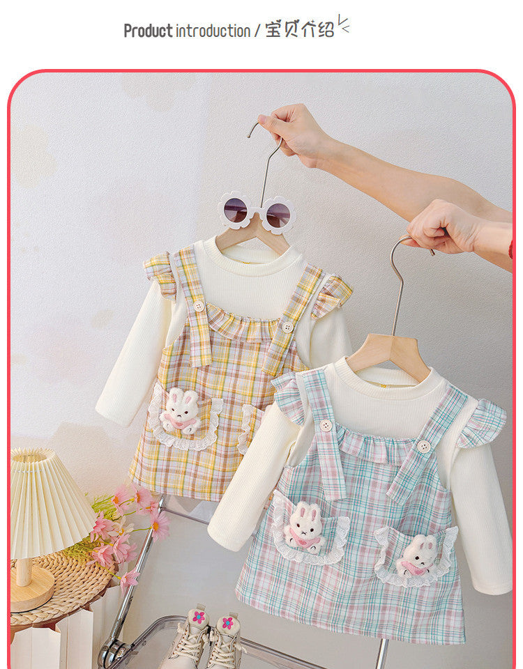 Girls' dress  autumn collection: adorable baby girl dress with cartoon bunny and plaid patchwork, long sleeve