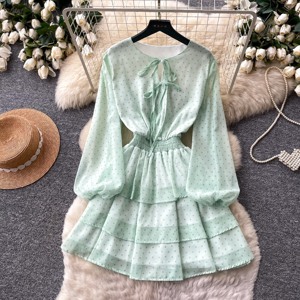 Korean style red polka dot slim-fit dress - women's summer long sleeve ruffle hem waist-cinching slimming high-end tiered dress