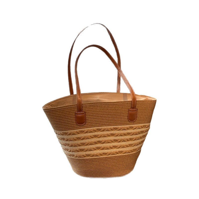 Large capacity straw woven bag women's new patchwork striped handbag fashionable knitted bag high-end tote beach bag