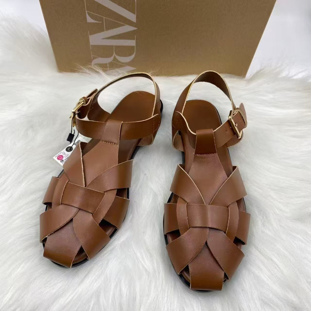 Za2025 spain 2025 big toe sandals women's summer wide fat feet export soft low pure bag heel first layer cowhide