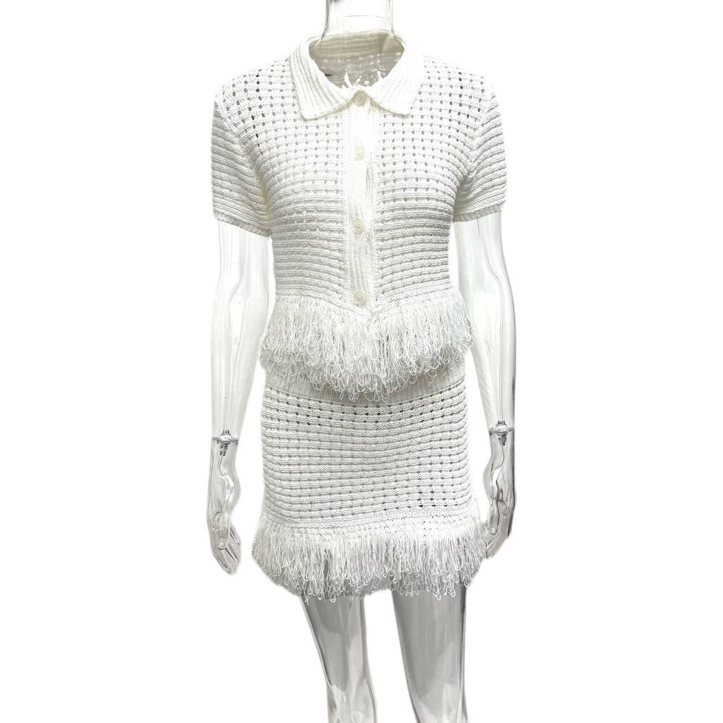 Europe, America and the United States in the summer of 2025, the new hollow tassel short-sleeved knitted cardigan + short skirt two-piece set