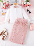 girls' skirt set: long-sleeve blouse with off-shoulder design and pink sequin midi skirt - autumn two-piece outfit for kids