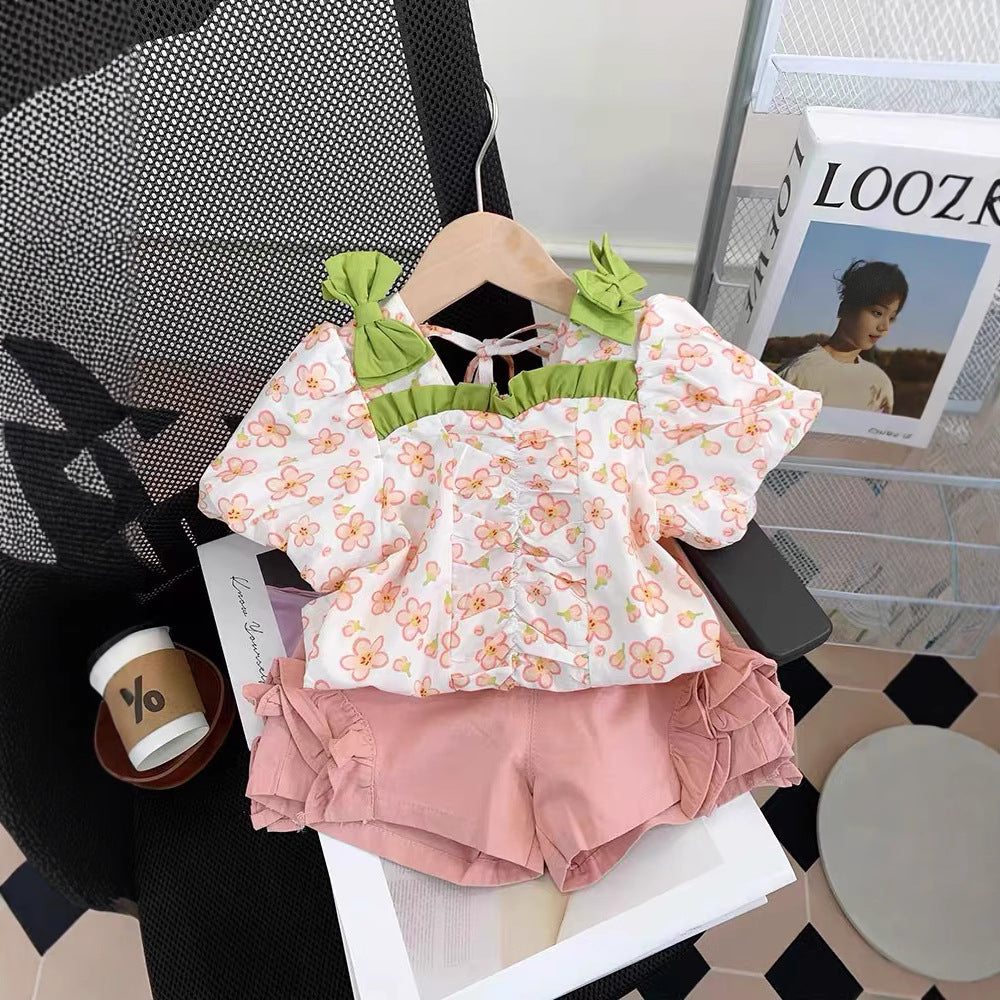 Girls' summer outfit set : trendy and stylish kids' shorts and top casual two-piece set - wholesale supply