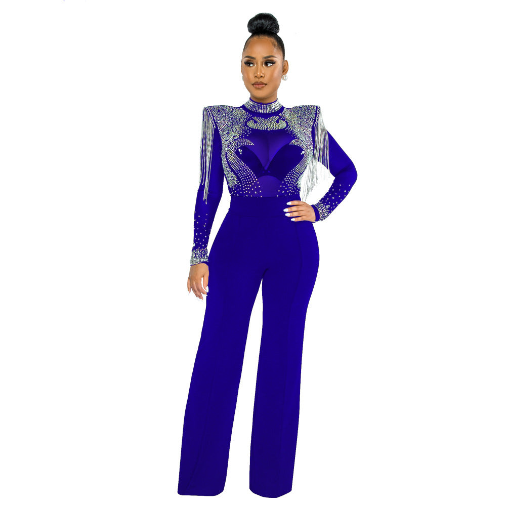 CY9232B Europe, America, , fashionable and sexy casual slim-fitting turtleneck perspective hot diamond fringed jumpsuit women