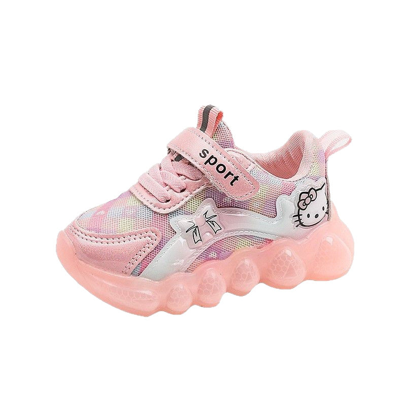 Spring/autumn new cartoon cat light-up sneakers for girls - luminous, breathable mesh casual shoes for toddlers and young children - trendy style