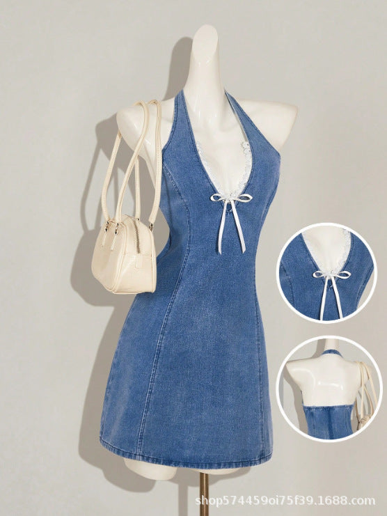 Amazon tiktok pinduoduo foreign trade cross-border fashion light blue washed lace halter denim skirt