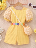 Kids' bubble sleeve ribbed romper with criss-cross back and matching bag
