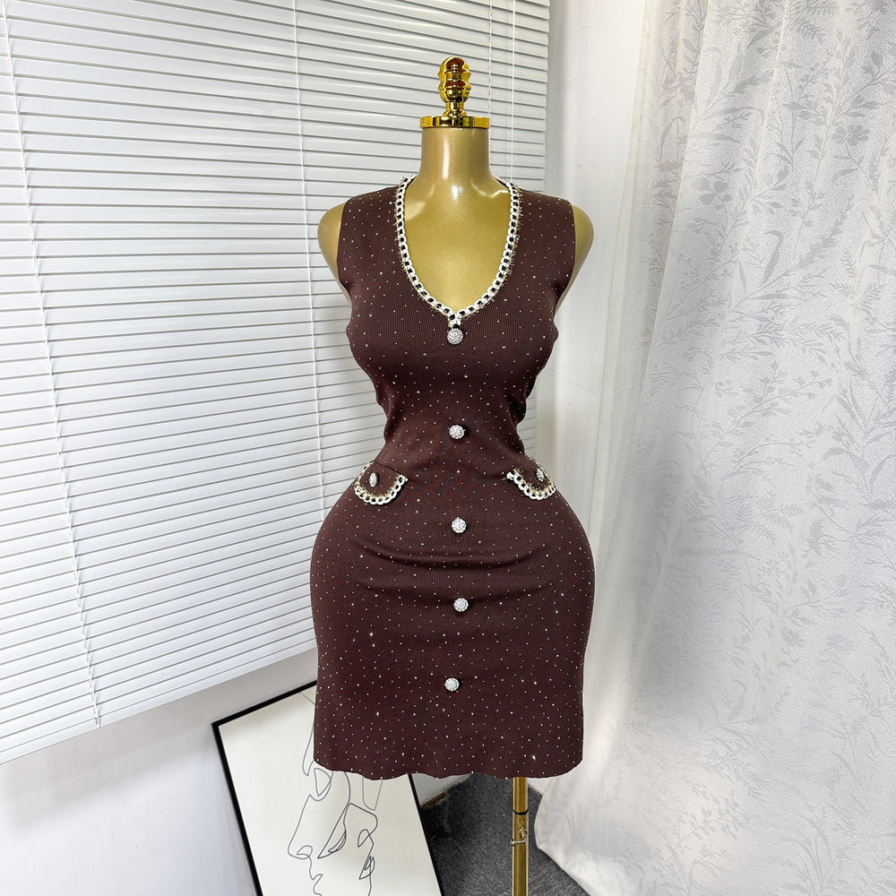 export tweed style sleeveless fine glitter knittingdress women's hot diamond button waist slimming lookknitting short skirt