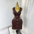 export tweed style sleeveless fine glitter knittingdress women's hot diamond button waist slimming lookknitting short skirt