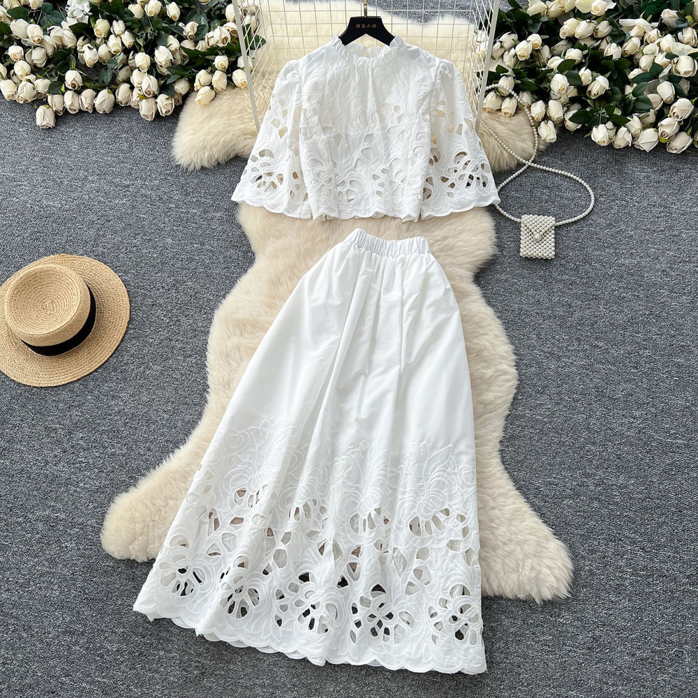 French court retro hollow-out crochet cropped top + high-waisted flared midi skirt two-piece summer outfit - effortless chic