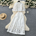 French court retro hollow-out crochet cropped top + high-waisted flared midi skirt two-piece summer outfit - effortless chic