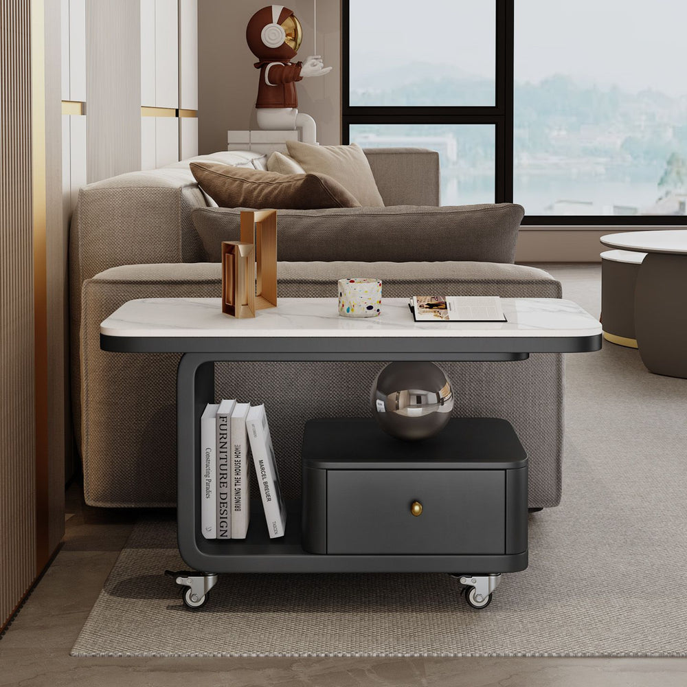 Minimalist modern light luxury coffee table rectangular rock slab mobile cart home living room small apartment new high-end tea table