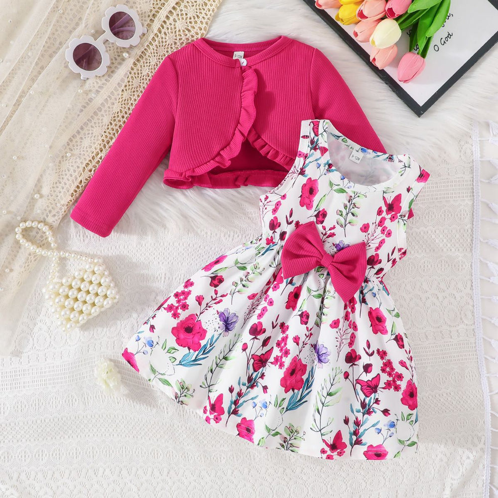 foreign trade exclusive solid color shrug and sleeveless dress butterfly embellished printed dress set