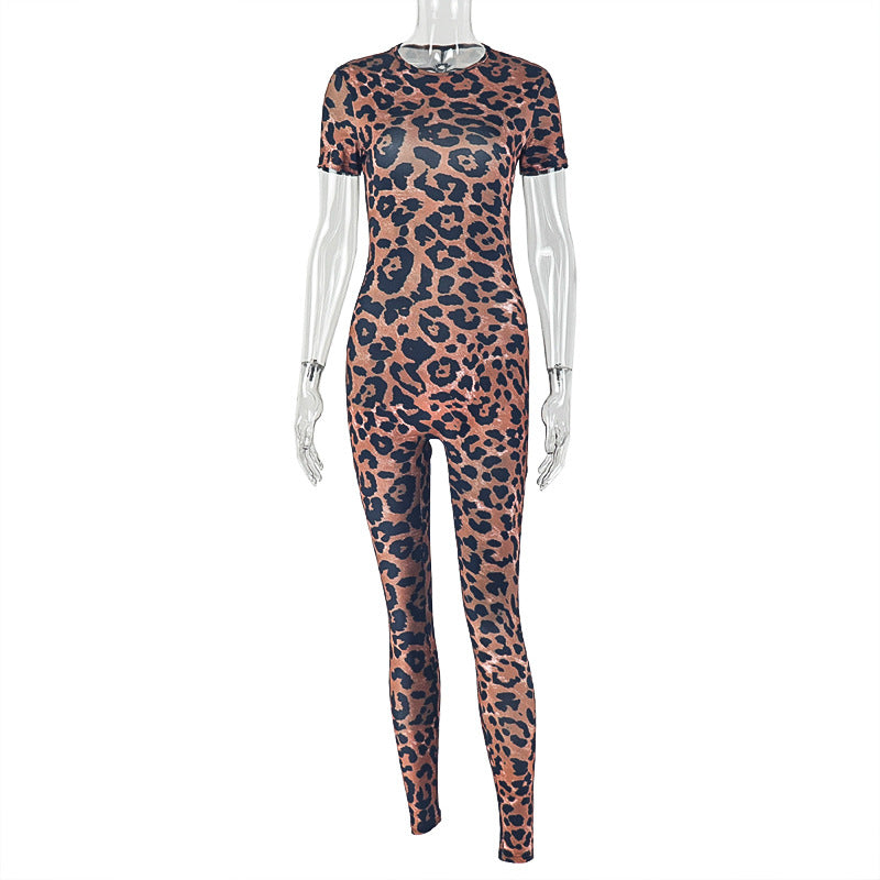 European and american style cross-border personalized print women's streetwear commute leopard print skinny jumpsuit short sleeve slim fit trendy bodysuit