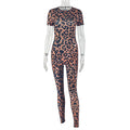 European and american style cross-border personalized print women's streetwear commute leopard print skinny jumpsuit short sleeve slim fit trendy bodysuit