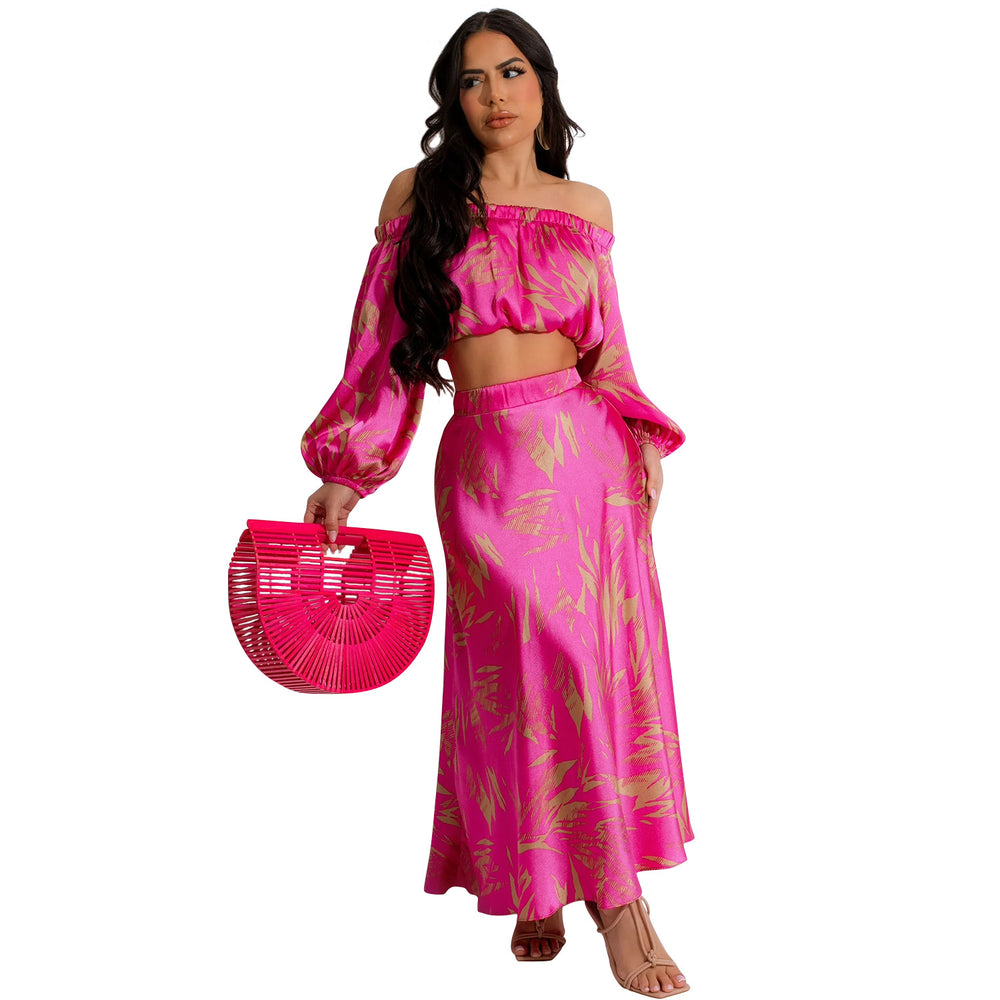 C6881 cross-border   fashion women's printed sexy long sleeve cropped maxi dress two-piece set