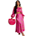 C6881 cross-border   fashion women's printed sexy long sleeve cropped maxi dress two-piece set