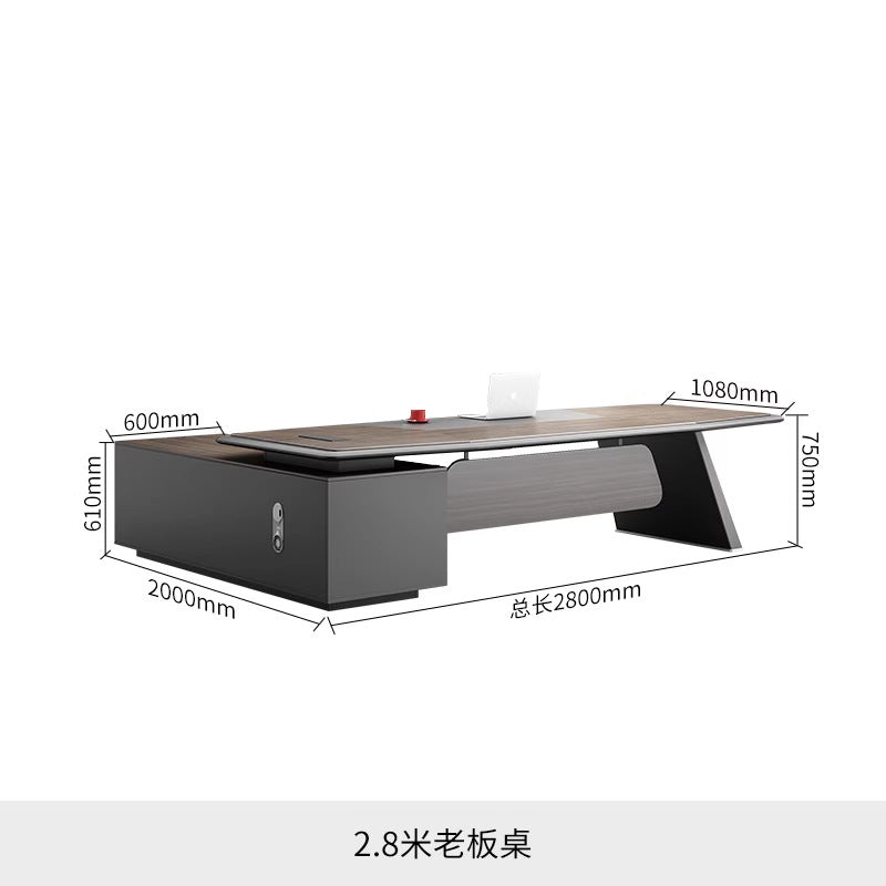 High-end, minimalist, and modern office desk and chair set. executive desk, manager's desk, lacquered finish, understated luxury, suitable for executive offices and boardrooms