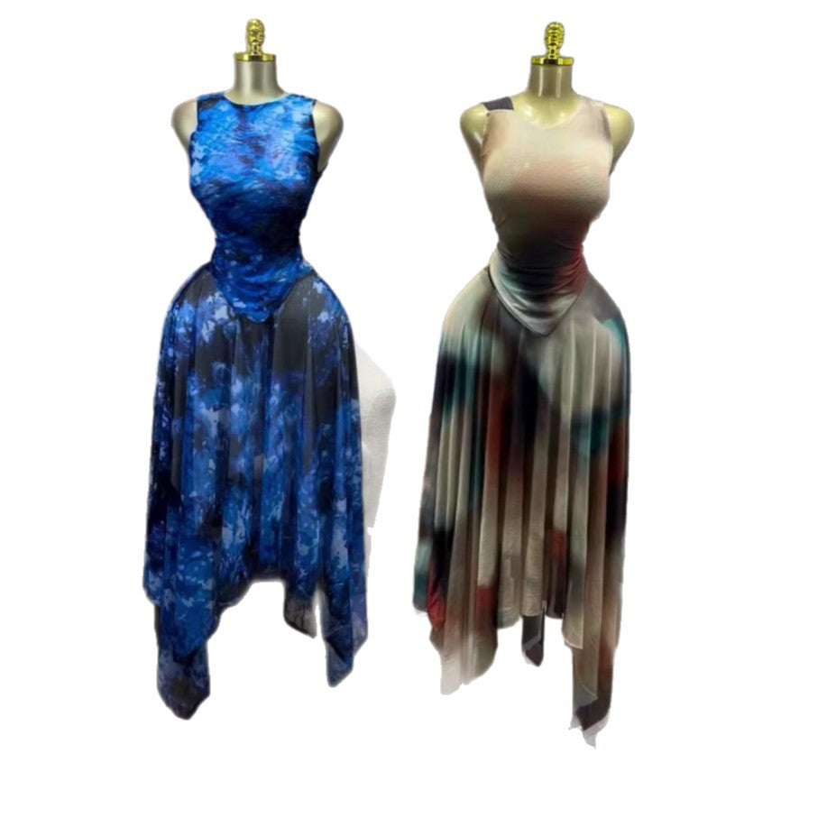 European and american cross-border women's fashion:  summer new collection - sweet & chic round neck sleeveless top with asymmetrical midi skirt set
