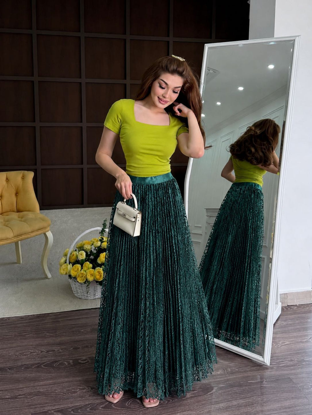 Fashionexport cross-border fashion high waistsweetlacepleated skirt long skirt a-line skirt slimming lookeasiest for matchwork clothing