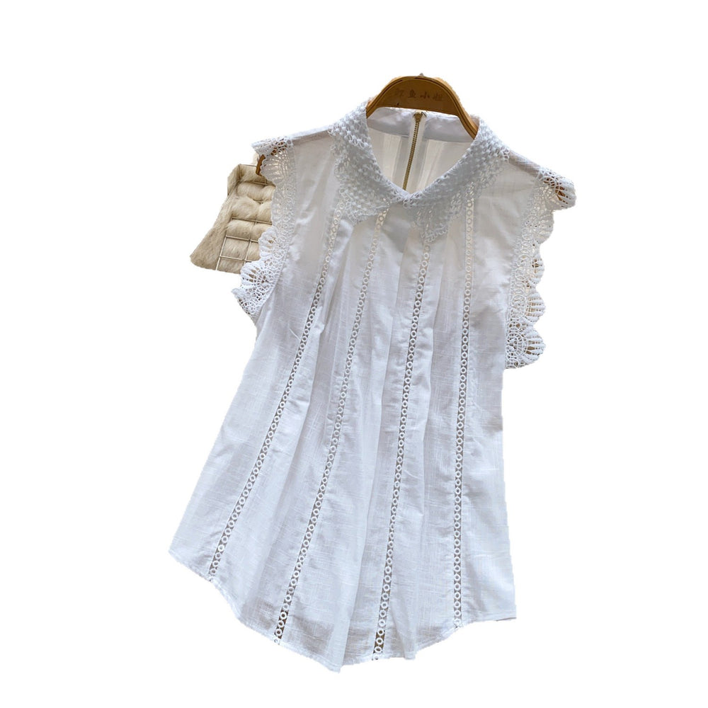 French chic white ruffle trim sleeveless blouse - women's summer, mature style, commute-friendly, age-defying, high-end elegant top