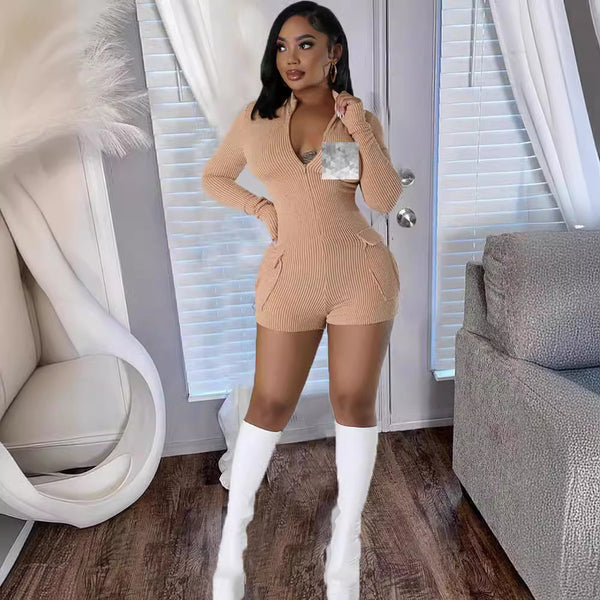 M3127C European and American   autumn and winter explosion threaded sexy pocket tight hip shorts jumpsuit