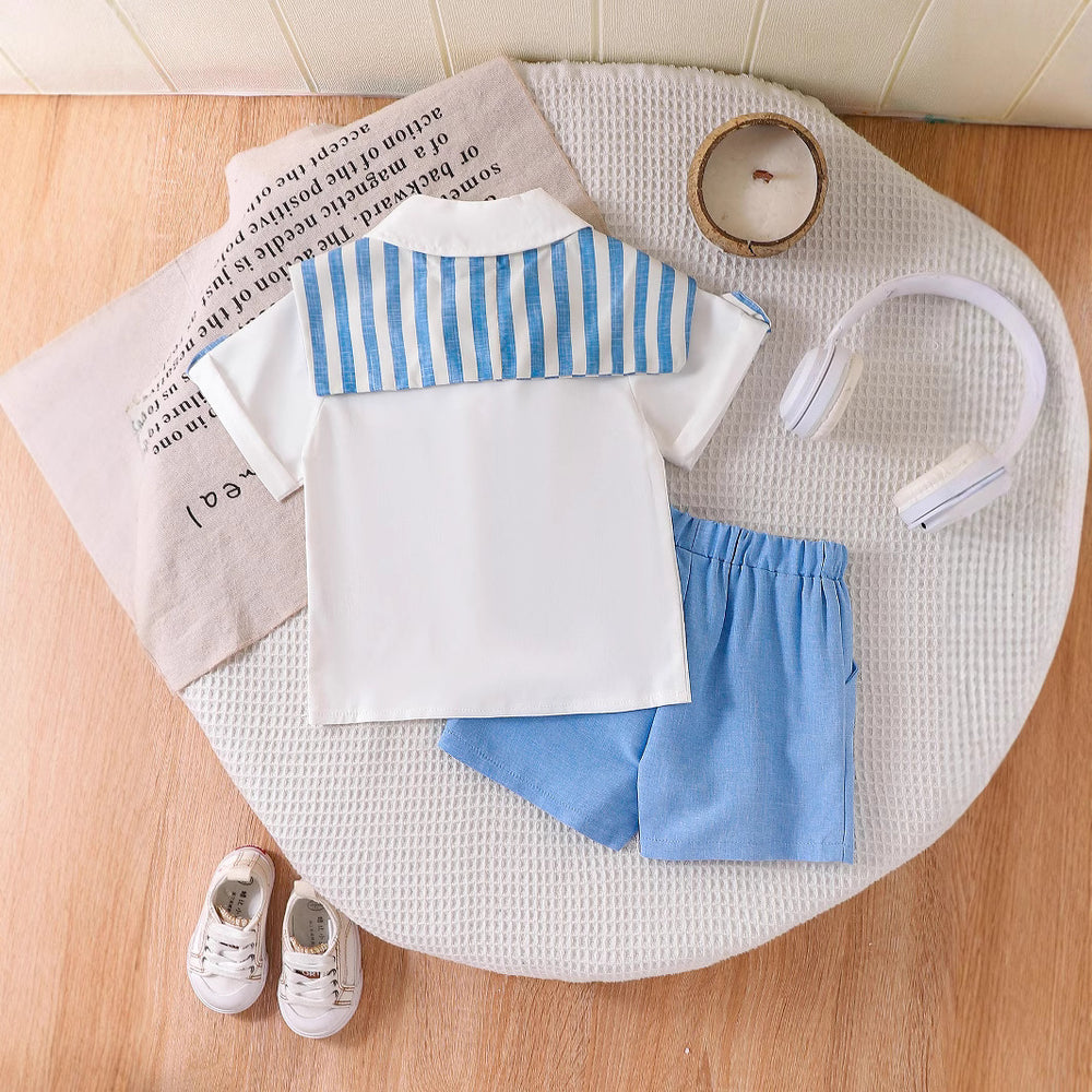 fashion summer new girlssuitpreppy style striped shawl off-white shirt shorts two-piece set