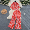 Salt style light mature style suit women's fashioneasiest for matchlooseshortprintingshirt+high waistslimming lookloosecasual pants