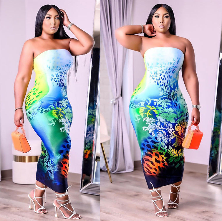 European and american foreign trade women's clothing   summer sexy nightclub bandeau colorful printed dress