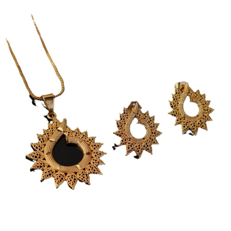 Two-piece set of new middle eastern dubai ethiopian women's pendant, necklace, and earring set, african style, sunflower design