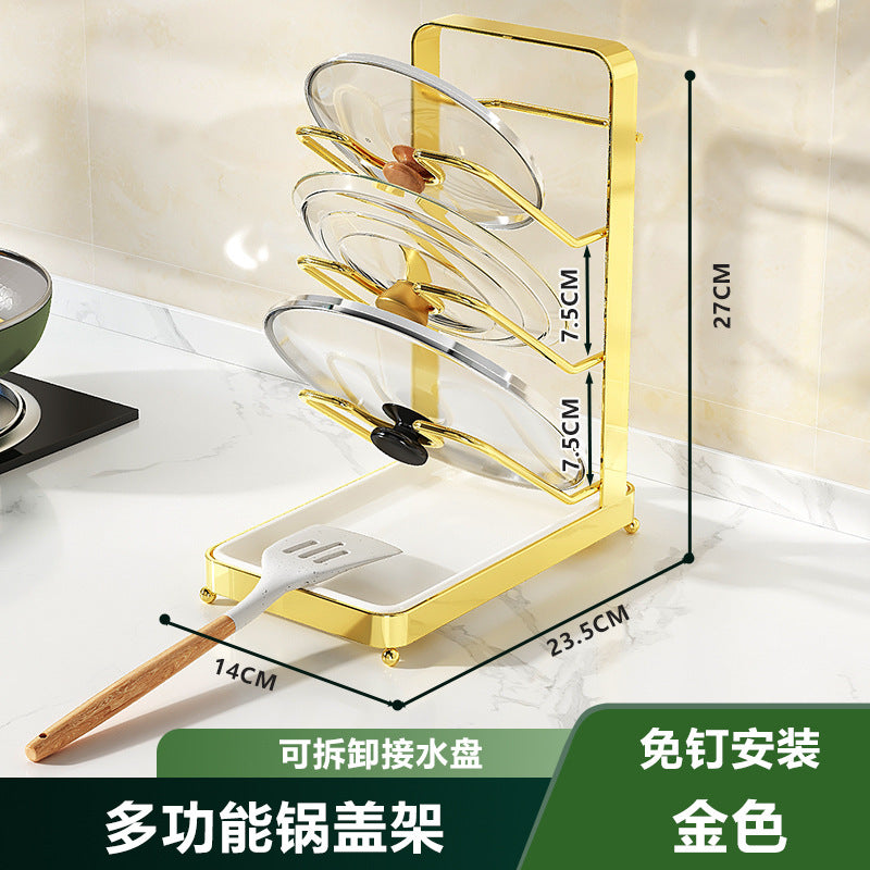 Pot lid rack No punching Wall-mounted kitchen rack Countertop layered shelf Multifunctional pot lid universal storage rack