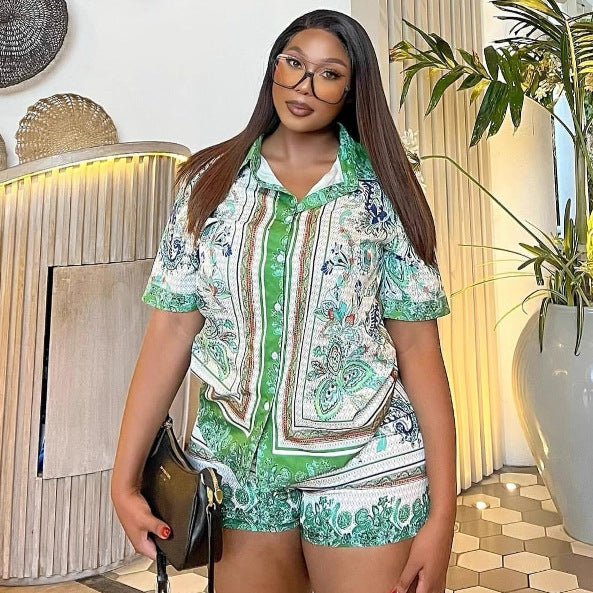European and American women's clothing lapel print short-sleeved cardigan shirt casual shorts African foreign style fashion new two-piece set women