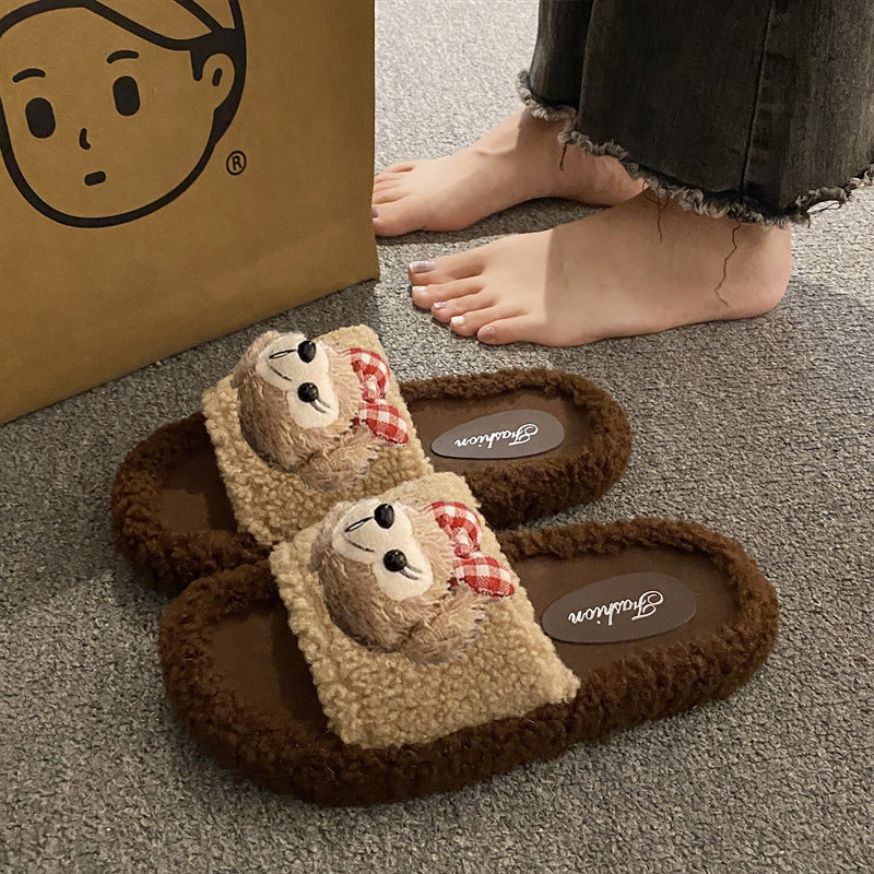 Cartoon cute lambswool slippers women's new autumn/winter korean style comfortable home anti-slip cotton slippers women's outdoor wear