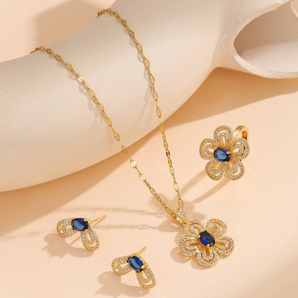 Women's jewelry set: sea blue gemstone flower necklace, earrings, and ring set - minimalist, stylish, and luxurious titanium steel pendant