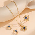 Women's jewelry set: sea blue gemstone flower necklace, earrings, and ring set - minimalist, stylish, and luxurious titanium steel pendant