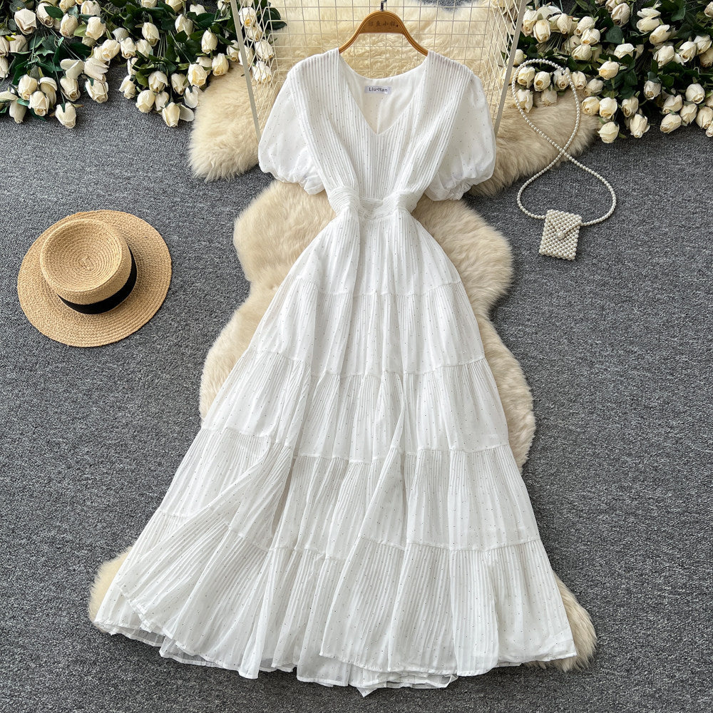 Frenchv neck small diamond elegantdress women's summer k-style waist slimming look a-line cake long skirt dopamine style