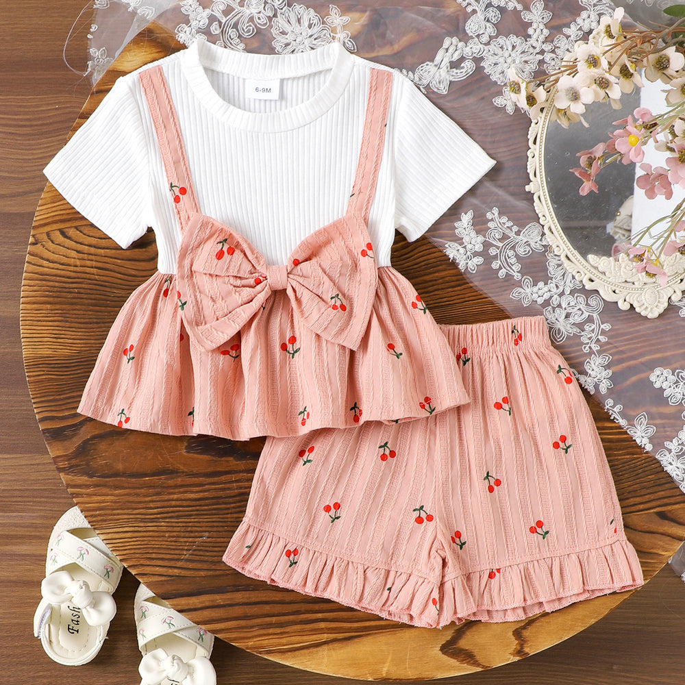 Kids clothing cross-border exclusive supply of fashion children's clothing girl's clothing white short-sleeved pink tops shorts set