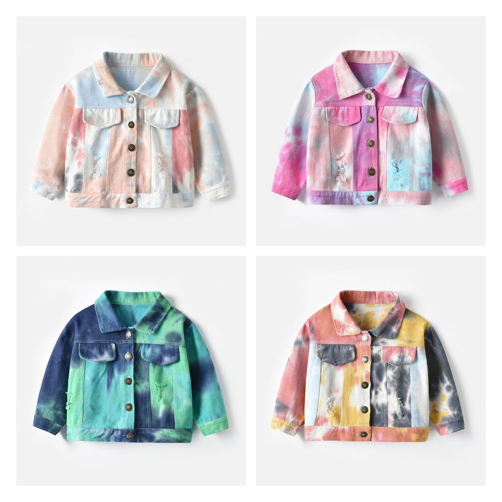 Wholesale foreign trade children's clothing: new tie-dye denim jacket for boys and girls, korean style cropped ripped top, kids' denim outfit