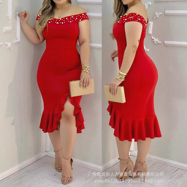LPU3107C European and American  women's clothing large size beads one-word shoulder waist split harpoon tail skirt ruffle edge dress
