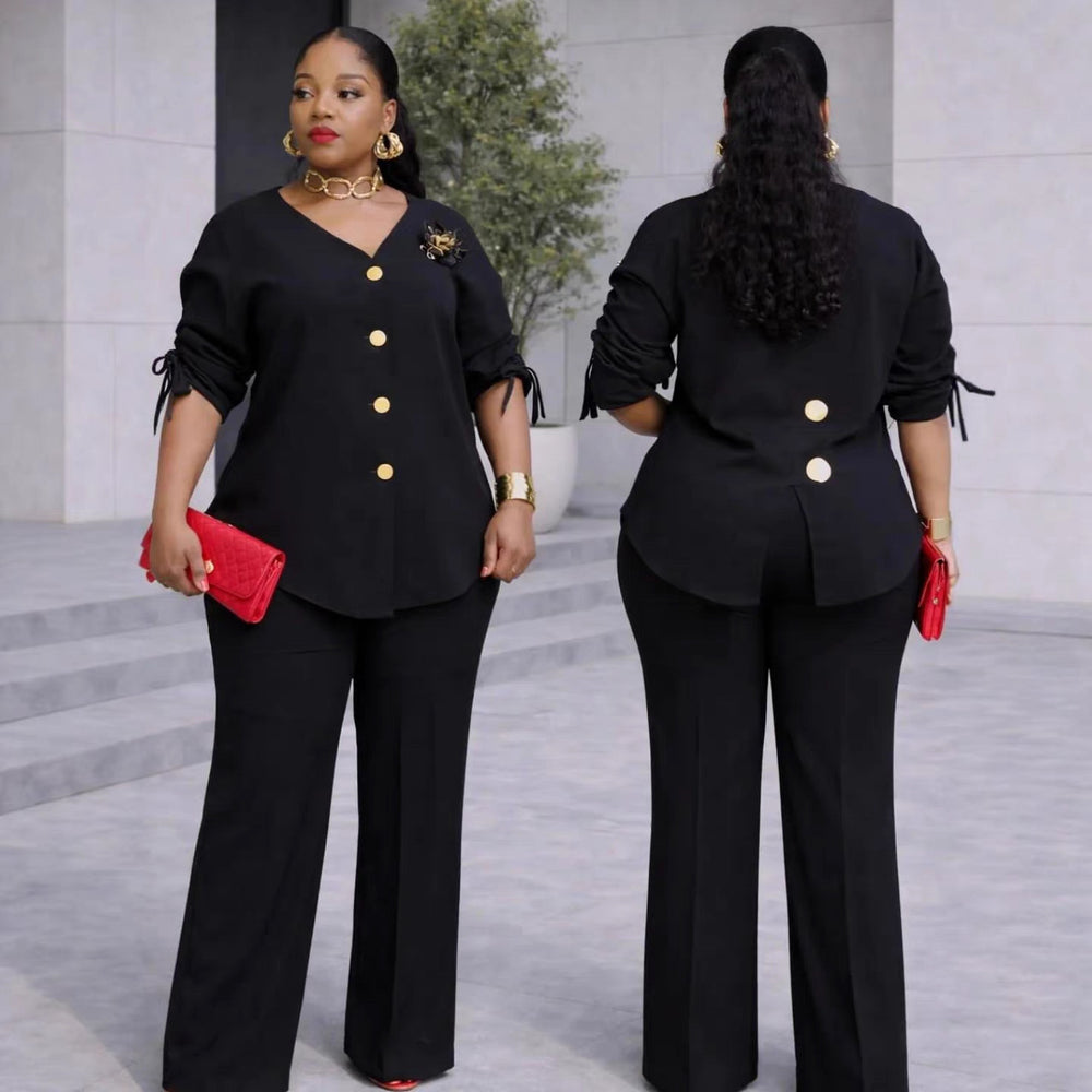 European and american cross-border african women's clothing  spring new fashion v-neck solid color long sleeve top and high-waisted pants set