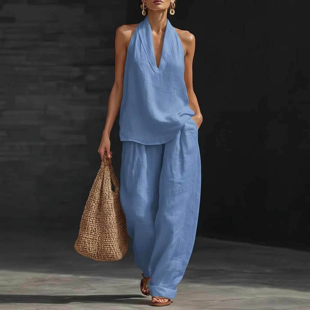 spring/summer hot seller: french chic halter v-neck open-back top & cool, comfortable, slimming wide-leg pant set