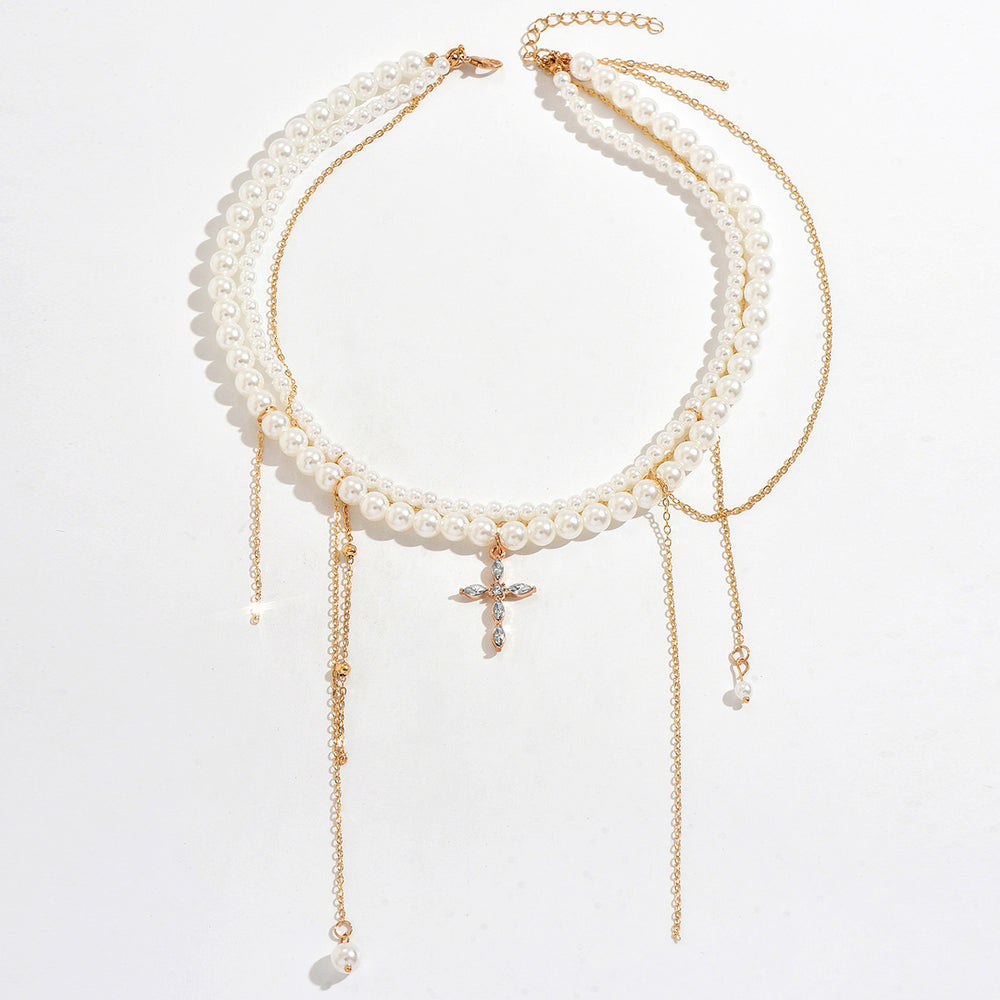 European and american retro multi-layer tassel cross necklace - trendy, edgy, sweet & cool ins style faux pearl choker clavicle chain