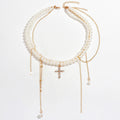 European and american retro multi-layer tassel cross necklace - trendy, edgy, sweet & cool ins style faux pearl choker clavicle chain