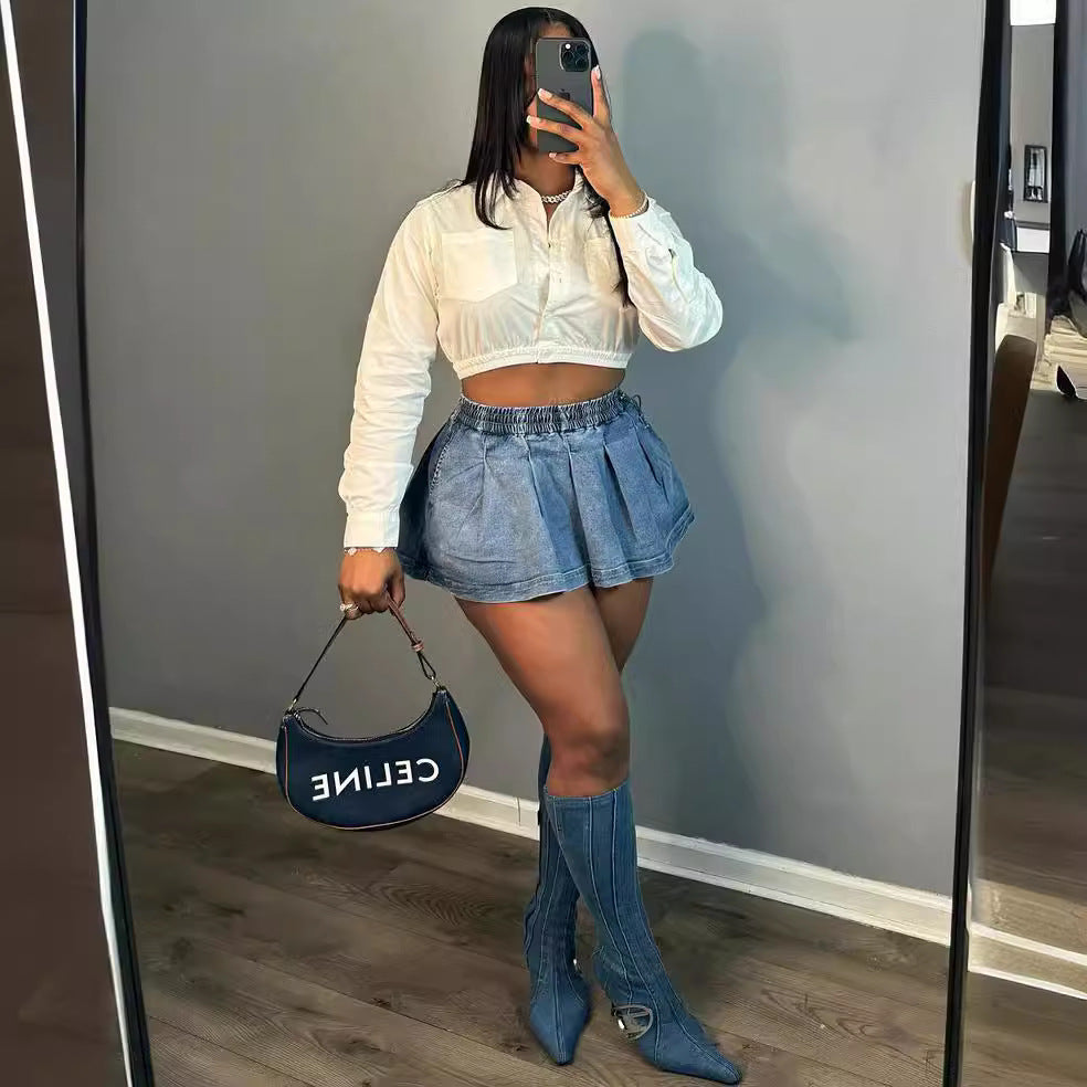 Women's high-waisted denim skirt - european & american cross-border fashion -  summer new arrivals - sexy & spicy girl pleated flared mini skirt