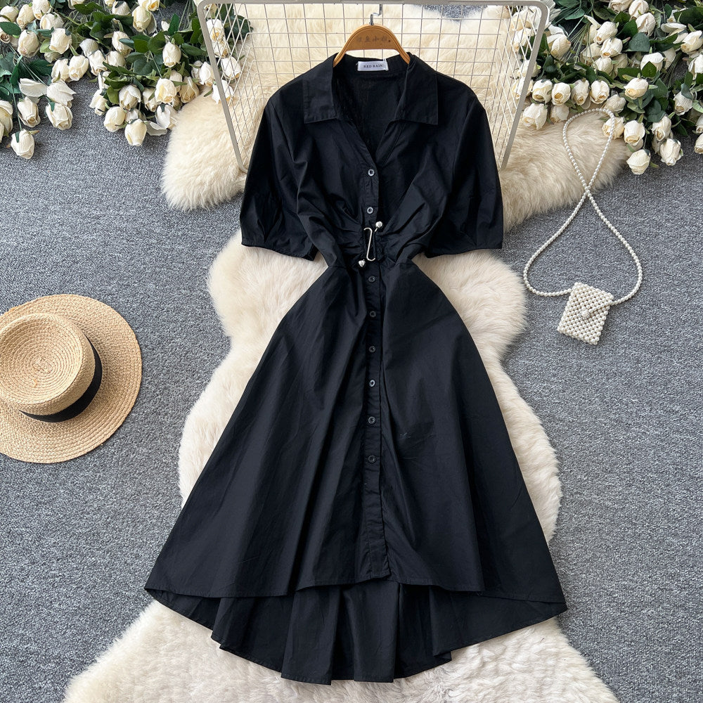 Commuting style polo collar short-sleeved shirt dress women's summersense of design waist slimming look a-line skirt summer